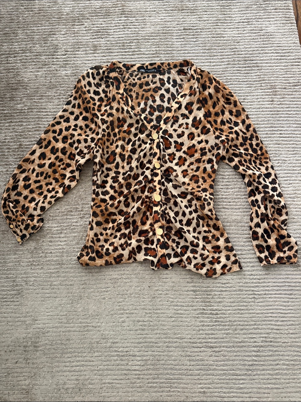 Zara Leopard Print Long-Sleeve Button Front Top - Tan/Brown